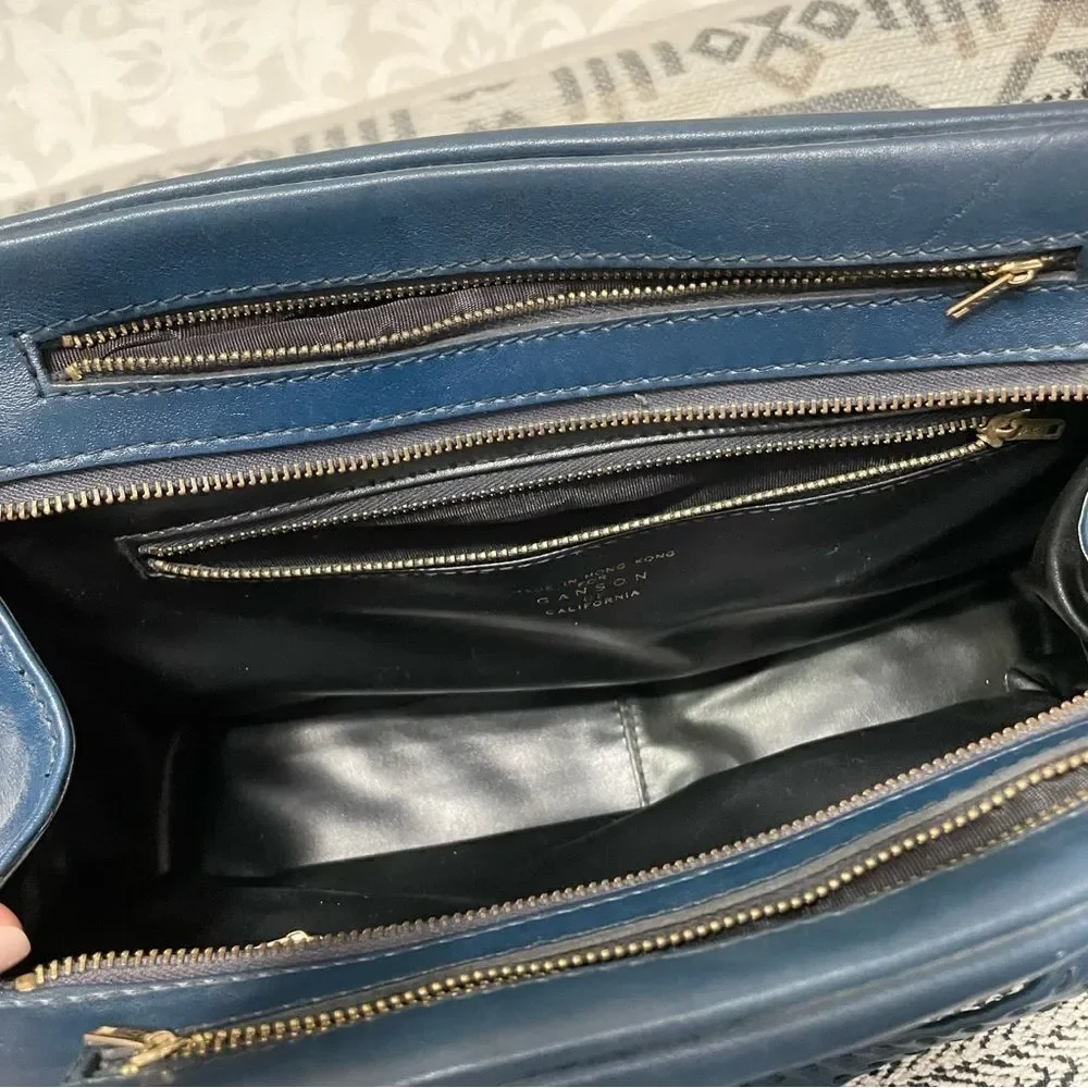 Vintage Ganson Navy Leather Short Handle Tote W/Stitching Detail Bag